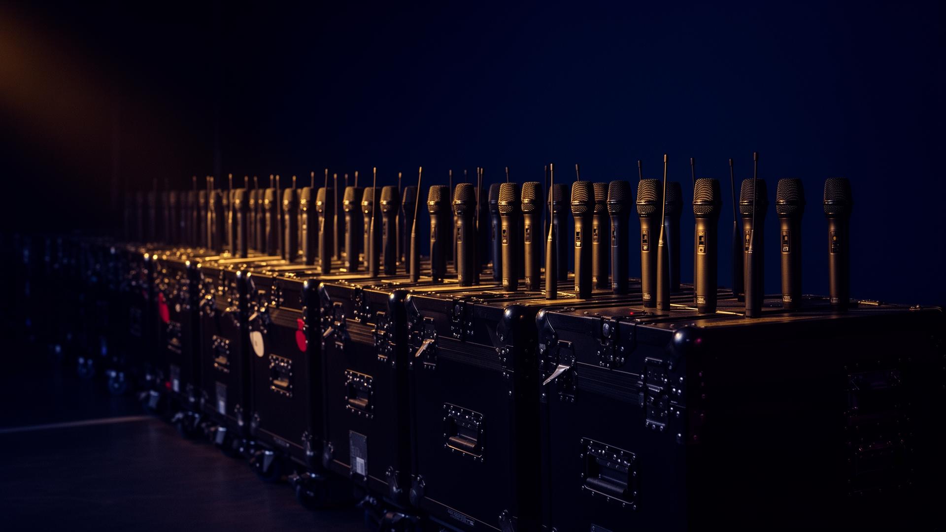 Wireless microphones and road cases pre-positioned for backup
